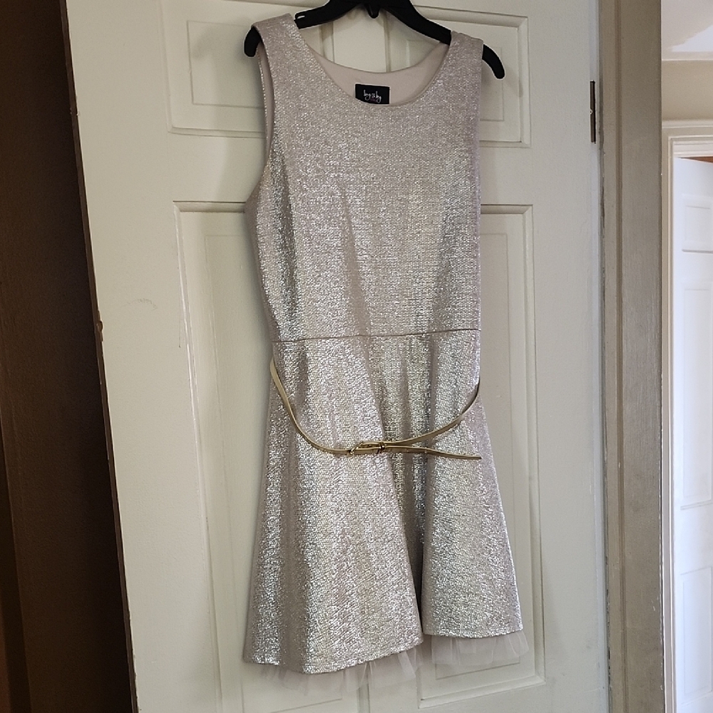 Girls Plus Special Occasion Metallic Gold & Silver Tone Dress w/gold belt; 18.5